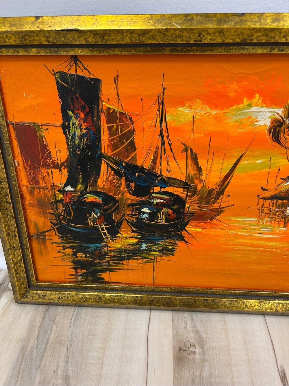 Original mid-century Orange Tropical Harbor Oil-Style Wall Art by Heang image 2